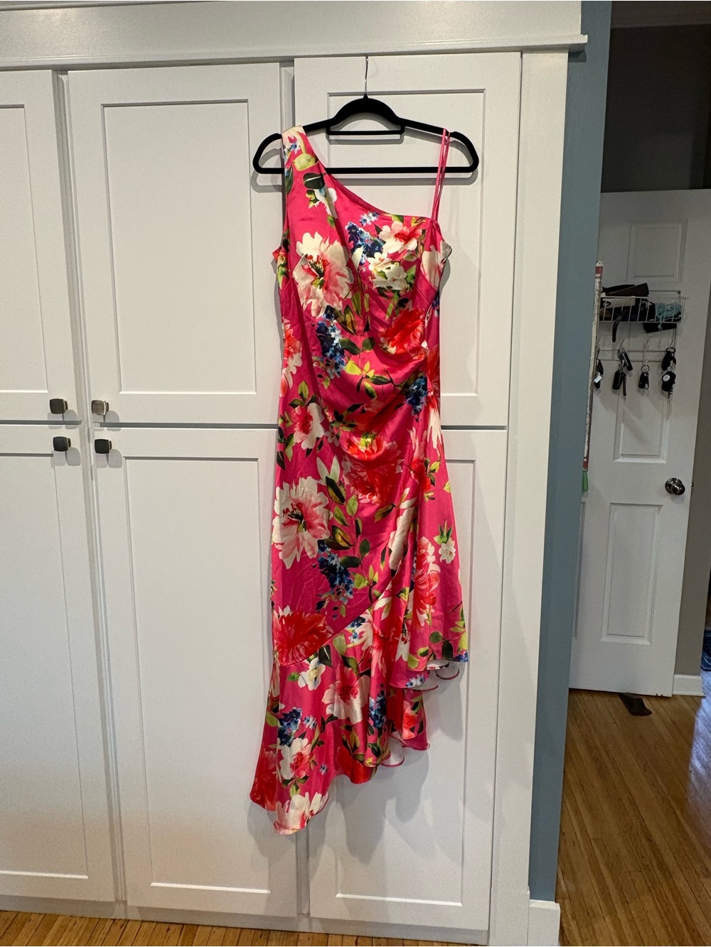 Eliza J Bright Pink Floral Asymmetrical One-Shoulder Dress